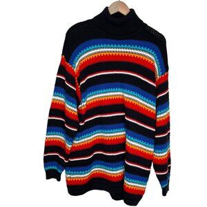 Vintage Liz Sport Striped knit Turtleneck Sweater large Black Multi-Color cotton